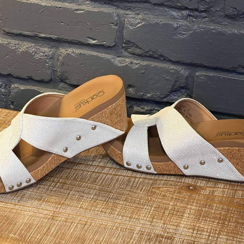 Corkys Bonny Womens White Shimmer Studded Cork Wedge Platform Slide Sandals 8 - Picture 2 of 7